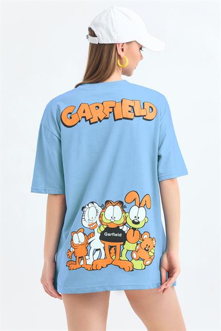 Ön Ve Sırt Garfield Family Baskılı Pamuklu Oversize Tişört - Bebemavi