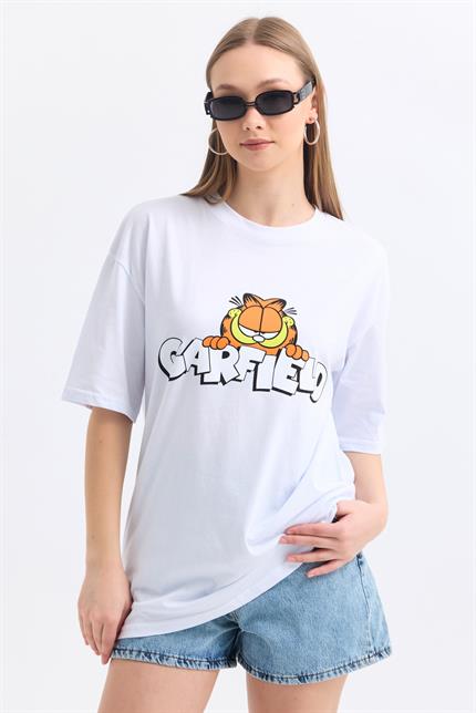 Ön Ve Sırt Garfield Family Baskılı Pamuklu Oversize Tişört - Beyaz