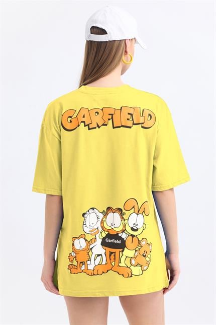 Ön Ve Sırt Garfield Family Baskılı Pamuklu Oversize Tişört - Sarı