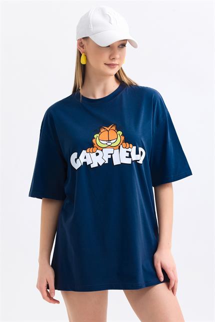 Ön Ve Sırt Garfield Family Baskılı Pamuklu Oversize Tişört - Lacivert