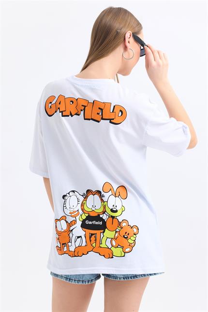 Ön Ve Sırt Garfield Family Baskılı Pamuklu Oversize Tişört - Beyaz