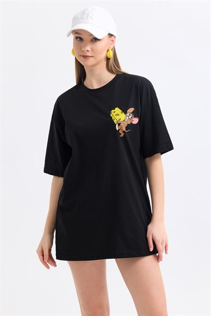Ön Ve Sırt Jerry Baskılı Pamuklu Oversize Tişört - Siyah