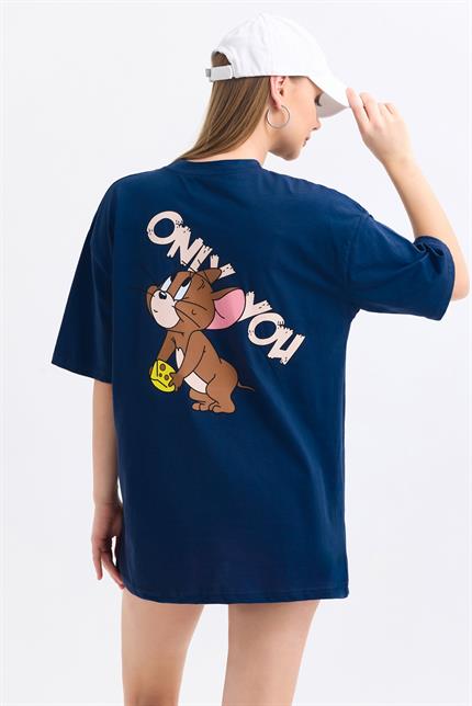 Ön Ve Sırt Jerry Baskılı Pamuklu Oversize Tişört - Lacivert