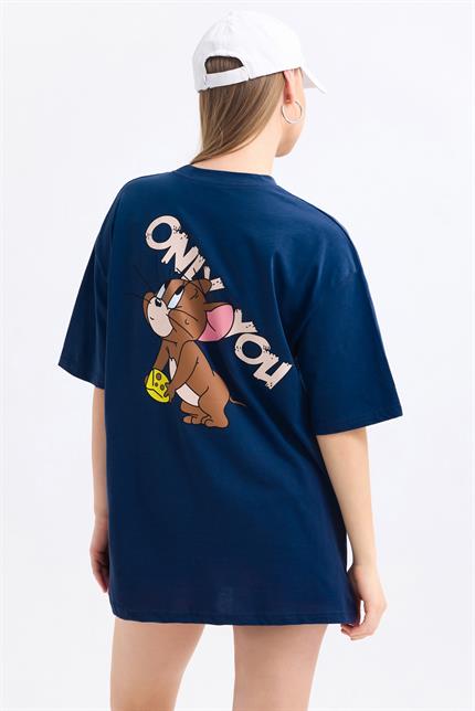 Ön Ve Sırt Jerry Baskılı Pamuklu Oversize Tişört - Lacivert