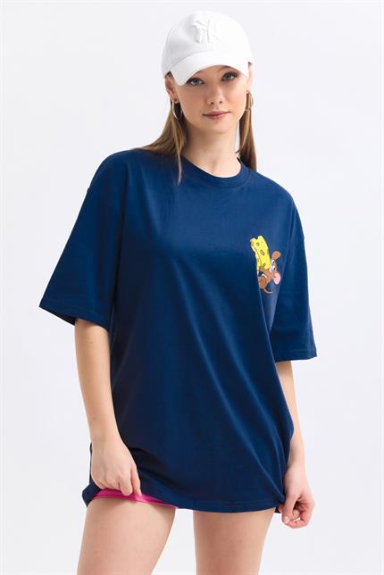 Ön Ve Sırt Jerry Baskılı Pamuklu Oversize Tişört - Lacivert