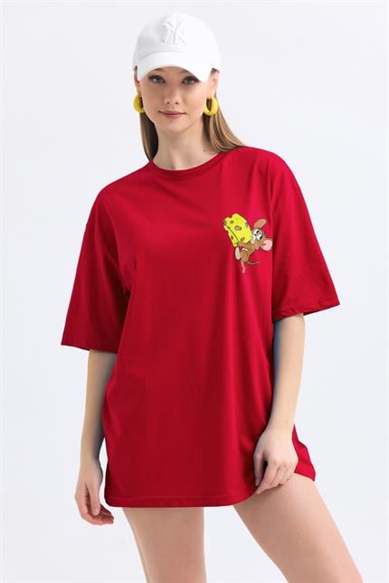 Ön Ve Sırt Jerry Baskılı Pamuklu Oversize Tişört - Kırmızı