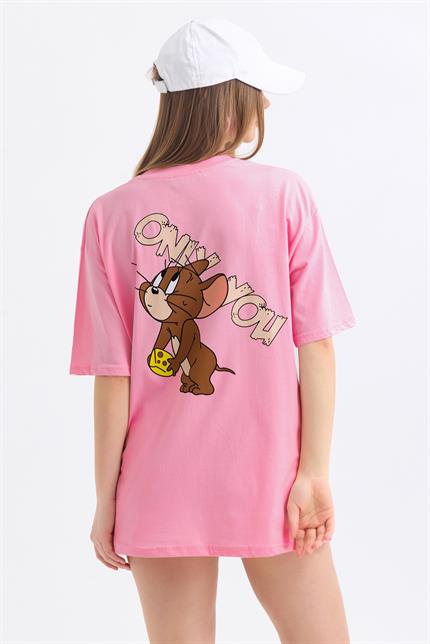 Ön Ve Sırt Jerry Baskılı Pamuklu Oversize Tişört - Pembe