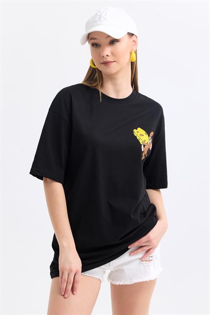 Ön Ve Sırt Jerry Baskılı Pamuklu Oversize Tişört - Siyah