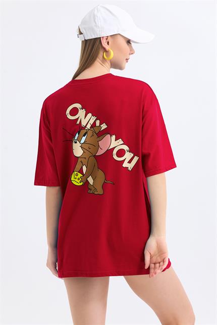 Ön Ve Sırt Jerry Baskılı Pamuklu Oversize Tişört - Kırmızı