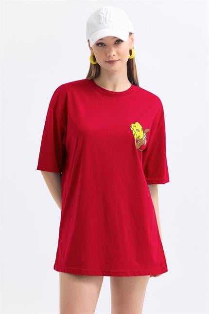 Ön Ve Sırt Jerry Baskılı Pamuklu Oversize Tişört - Kırmızı