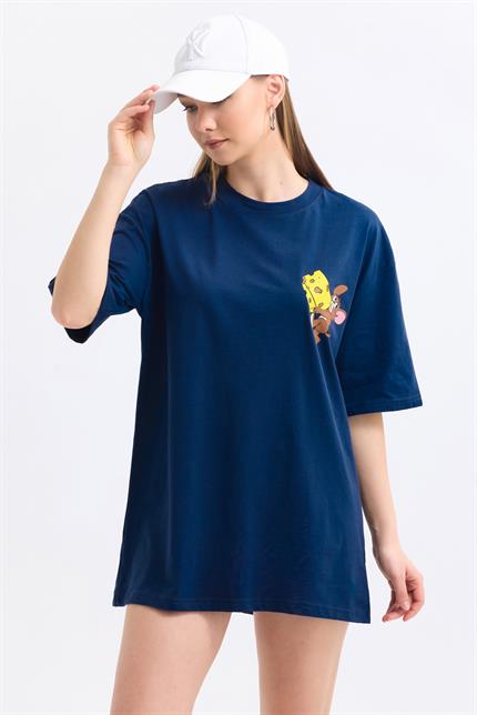Ön Ve Sırt Jerry Baskılı Pamuklu Oversize Tişört - Lacivert