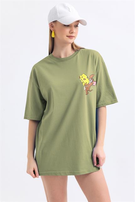 Ön Ve Sırt Jerry Baskılı Pamuklu Oversize Tişört - Olive