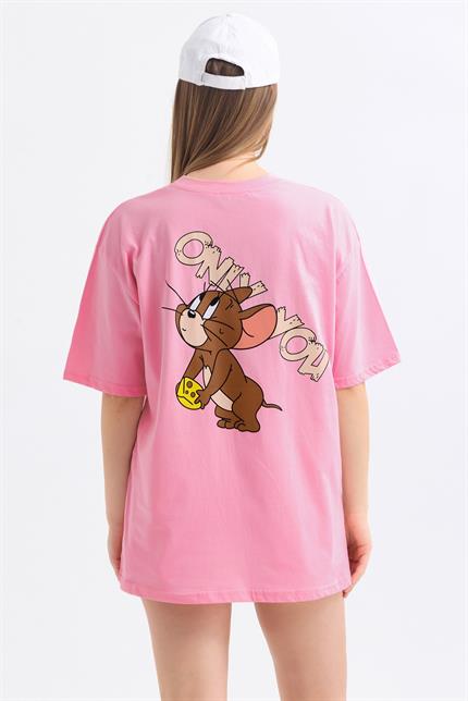 Ön Ve Sırt Jerry Baskılı Pamuklu Oversize Tişört - Pembe