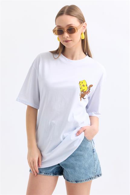 Ön Ve Sırt Jerry Baskılı Pamuklu Oversize Tişört - Beyaz