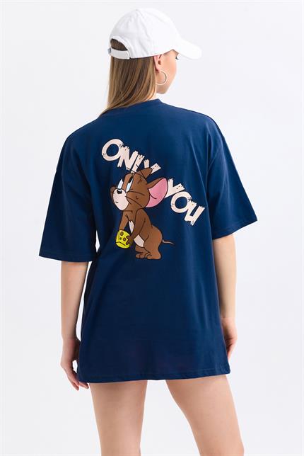 Ön Ve Sırt Jerry Baskılı Pamuklu Oversize Tişört - Lacivert