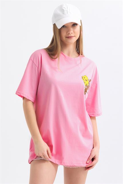Ön Ve Sırt Jerry Baskılı Pamuklu Oversize Tişört - Pembe