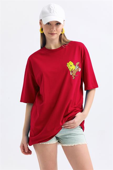 Ön Ve Sırt Jerry Baskılı Pamuklu Oversize Tişört - Kırmızı