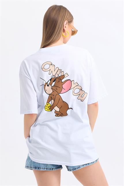 Ön Ve Sırt Jerry Baskılı Pamuklu Oversize Tişört - Beyaz