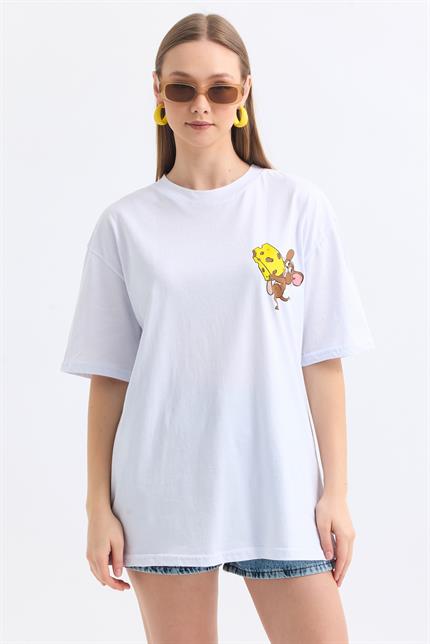 Ön Ve Sırt Jerry Baskılı Pamuklu Oversize Tişört - Beyaz