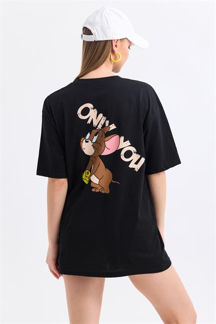 Ön Ve Sırt Jerry Baskılı Pamuklu Oversize Tişört - Siyah