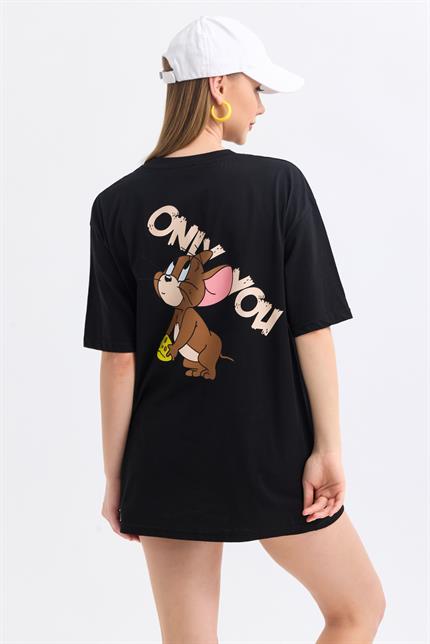 Ön Ve Sırt Jerry Baskılı Pamuklu Oversize Tişört - Siyah