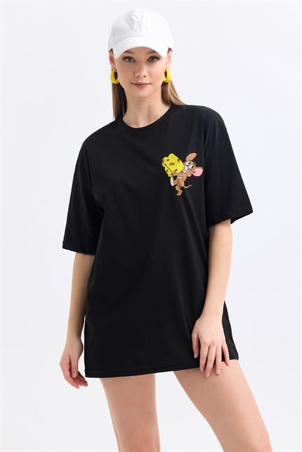 Ön Ve Sırt Jerry Baskılı Pamuklu Oversize Tişört - Siyah