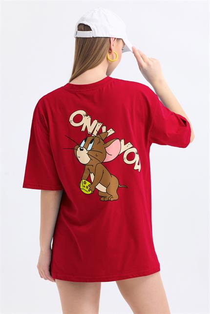 Ön Ve Sırt Jerry Baskılı Pamuklu Oversize Tişört - Kırmızı