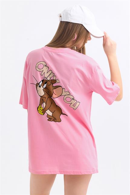 Ön Ve Sırt Jerry Baskılı Pamuklu Oversize Tişört - Pembe