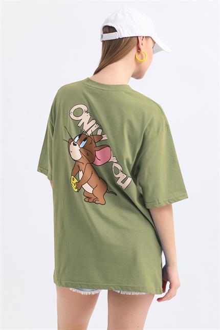Ön Ve Sırt Jerry Baskılı Pamuklu Oversize Tişört - Olive