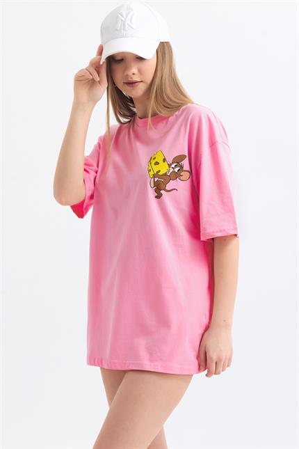 Ön Ve Sırt Jerry Baskılı Pamuklu Oversize Tişört - Pembe