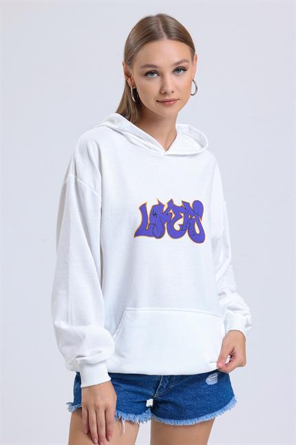 Ön Ve Sırt Lakers Baskılı Kanguru Cepli Kapüşonlu Oversize Sweatshirt - Ekru