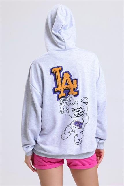 Ön Ve Sırt Lakers Baskılı Kanguru Cepli Kapüşonlu Oversize Sweatshirt - Gri