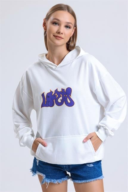 Ön Ve Sırt Lakers Baskılı Kanguru Cepli Kapüşonlu Oversize Sweatshirt - Ekru