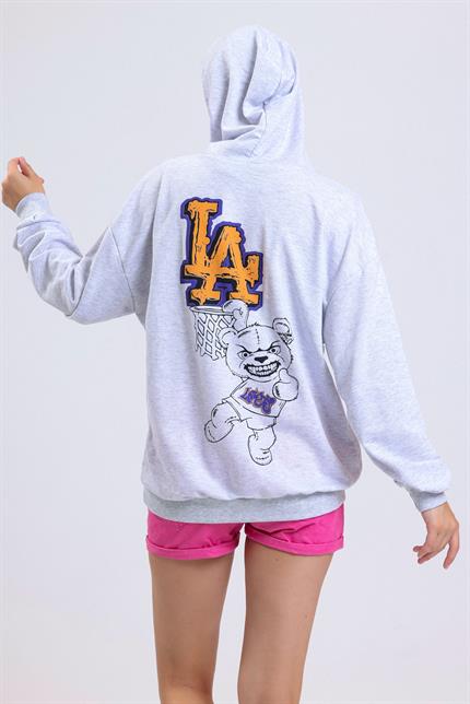 Ön Ve Sırt Lakers Baskılı Kanguru Cepli Kapüşonlu Oversize Sweatshirt - Gri
