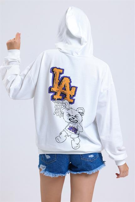 Ön Ve Sırt Lakers Baskılı Kanguru Cepli Kapüşonlu Oversize Sweatshirt - Ekru