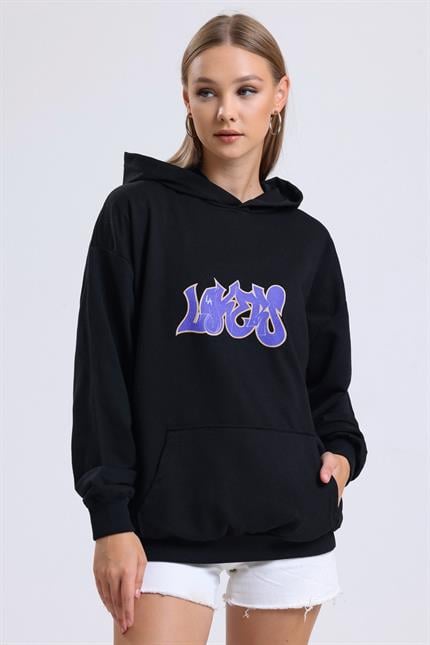 Ön Ve Sırt Lakers Baskılı Kanguru Cepli Kapüşonlu Oversize Sweatshirt - Siyah