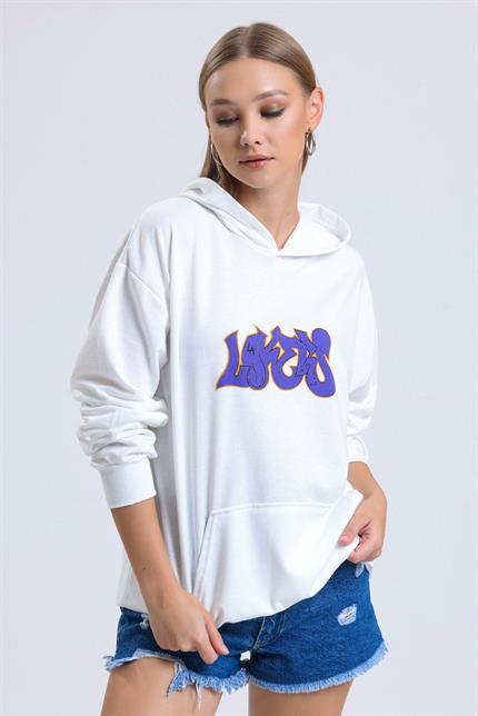 Ön Ve Sırt Lakers Baskılı Kanguru Cepli Kapüşonlu Oversize Sweatshirt - Ekru
