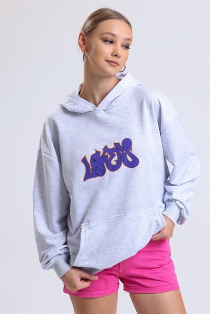 Ön Ve Sırt Lakers Baskılı Kanguru Cepli Kapüşonlu Oversize Sweatshirt - Gri