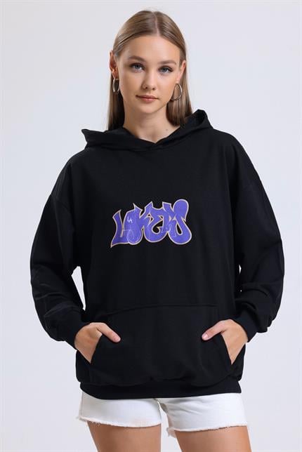 Ön Ve Sırt Lakers Baskılı Kanguru Cepli Kapüşonlu Oversize Sweatshirt - Siyah