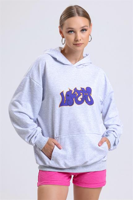 Ön Ve Sırt Lakers Baskılı Kanguru Cepli Kapüşonlu Oversize Sweatshirt - Gri