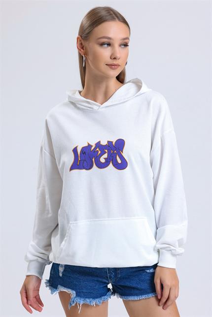 Ön Ve Sırt Lakers Baskılı Kanguru Cepli Kapüşonlu Oversize Sweatshirt - Ekru