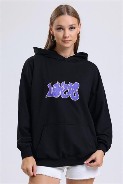 Ön Ve Sırt Lakers Baskılı Kanguru Cepli Kapüşonlu Oversize Sweatshirt - Siyah