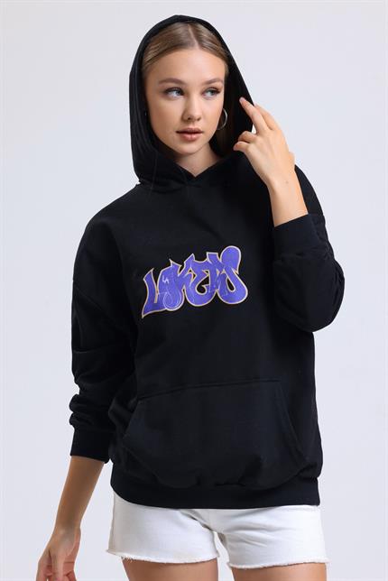 Ön Ve Sırt Lakers Baskılı Kanguru Cepli Kapüşonlu Oversize Sweatshirt - Siyah