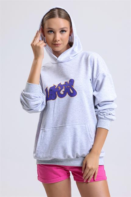 Ön Ve Sırt Lakers Baskılı Kanguru Cepli Kapüşonlu Oversize Sweatshirt - Gri