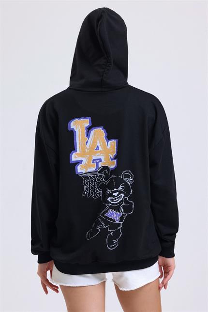 Ön Ve Sırt Lakers Baskılı Kanguru Cepli Kapüşonlu Oversize Sweatshirt - Siyah