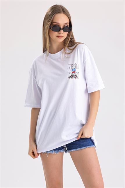 Ön Ve Sırt Off White Baskılı Pamuklu Oversize Tişört - Beyaz