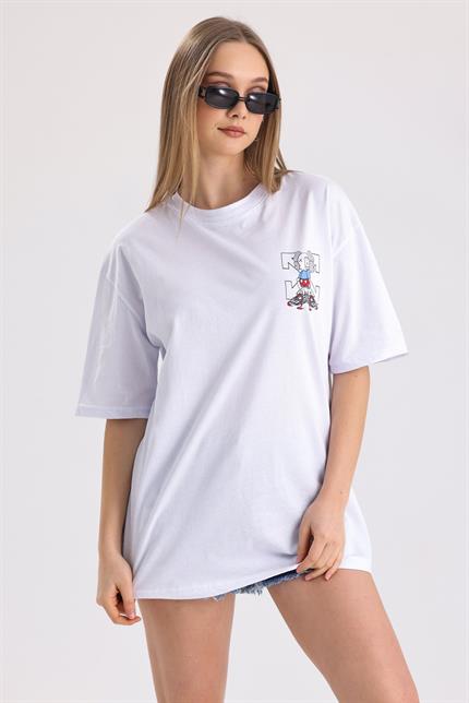 Ön Ve Sırt Off White Baskılı Pamuklu Oversize Tişört - Beyaz