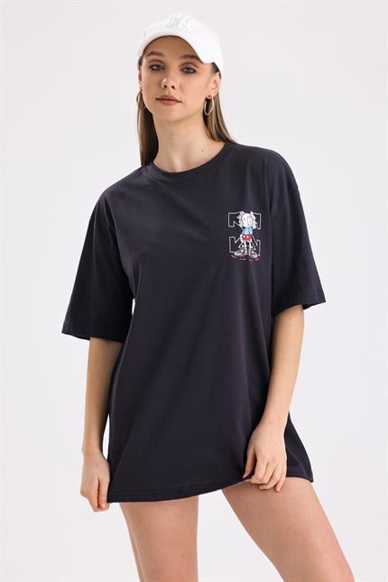 Ön Ve Sırt Off White Baskılı Pamuklu Oversize Tişört - Antrasit