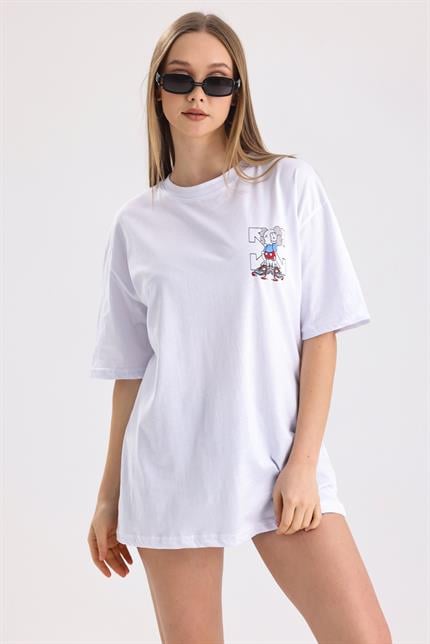 Ön Ve Sırt Off White Baskılı Pamuklu Oversize Tişört - Beyaz