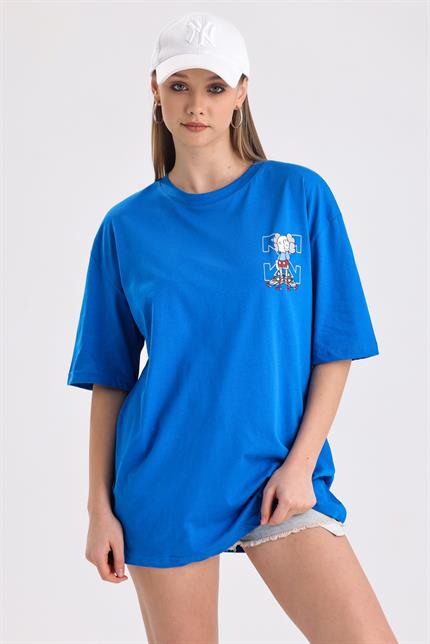 Ön Ve Sırt Off White Baskılı Pamuklu Oversize Tişört - Mavi